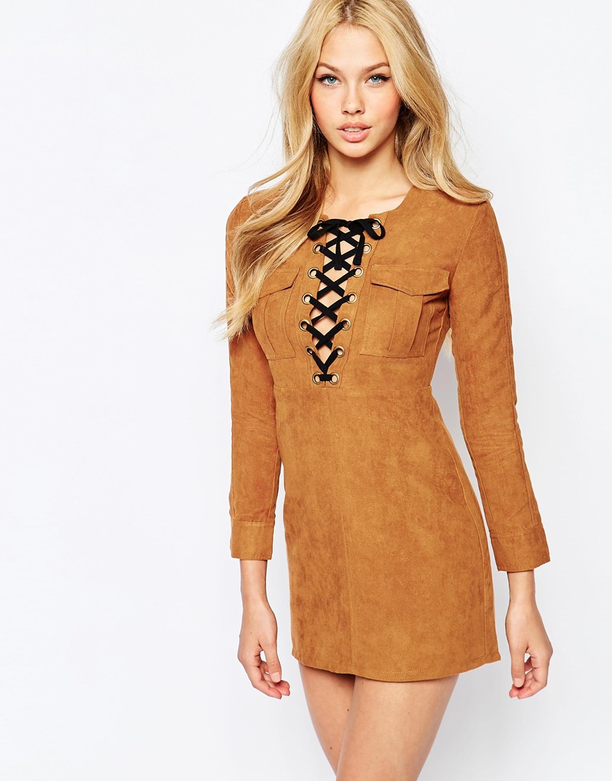 Bardot Suedette Dress With Lace Up Front